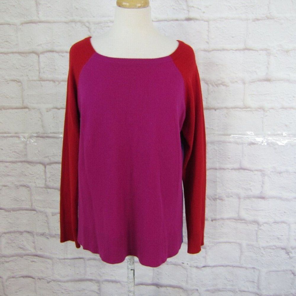 Neiman Marcus Cashmere Size XL Magenta Red Purple Colorblock Zip Back Sweater